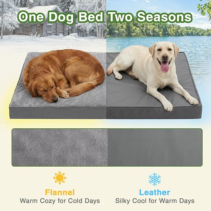 Waterproof Large Dog Bed, Washable Outdoor XL Pet Foam Pad 44x32 Anti-Slip | Extra Large Orthopedic Pet Bed, Durable Removable Cover, Reversible Faux Leather & Flannel, Dog Sleeping Mats,Gray