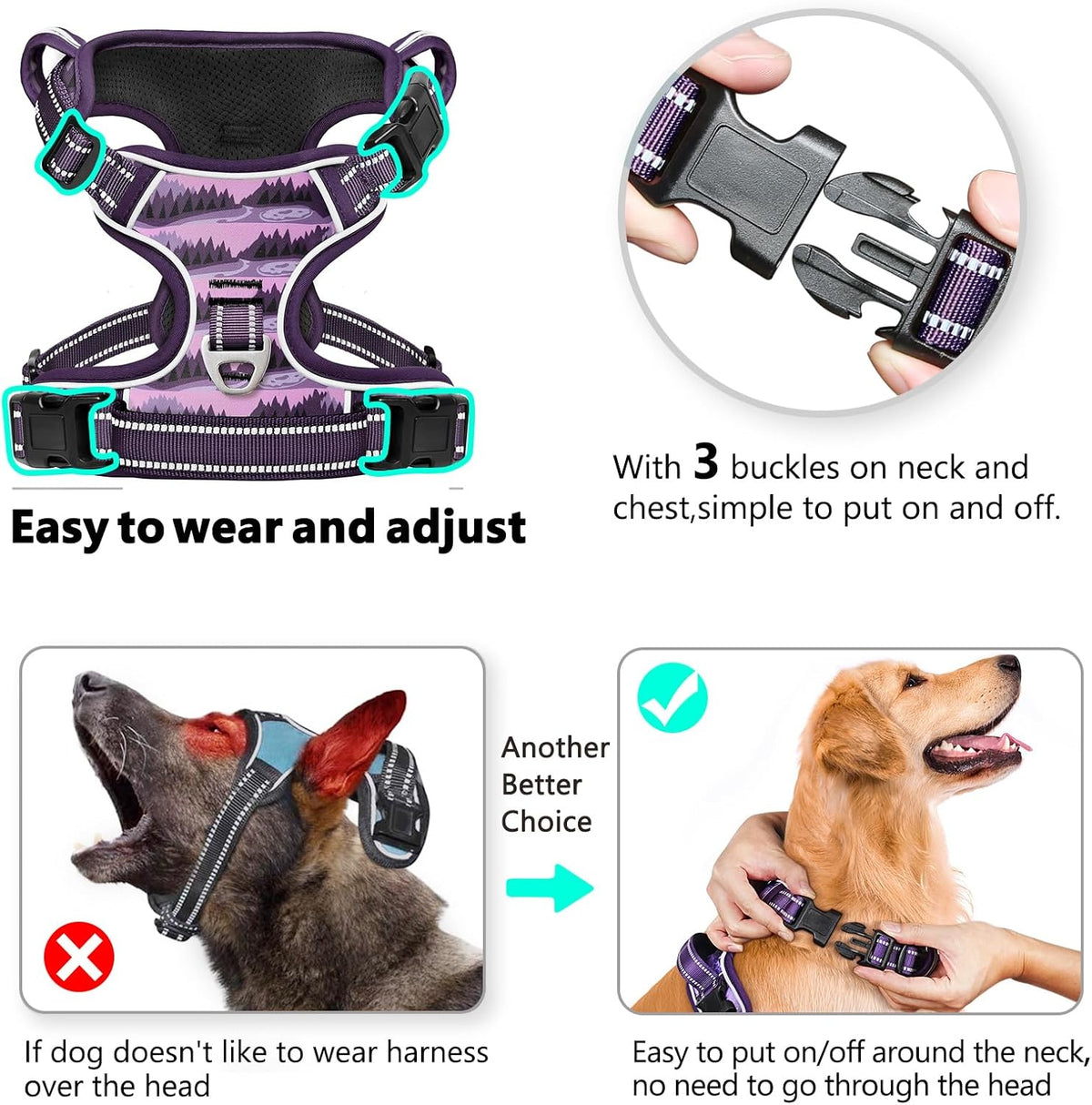 Timos Dog Harness,No-Pull Pet Harness Adjustable Soft Padded Dog Vest,Reflective No-Choke Pet Oxford Vest with Easy Control Handle for X-Small Dogs,Moon Night,XS