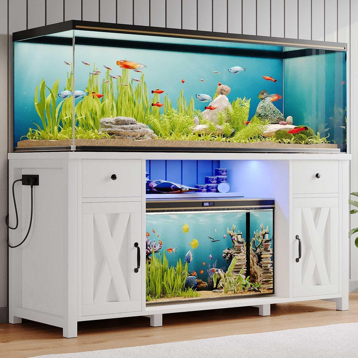 75 Gallon Fish Tank Stand with LED Light & Power Outlets, 55-75 Gallon Aquarium Stand with 2 Drawers & 2 Barn Doors, 52" L x 20" W Cabinet for 2 Fish Tank Accessories Storage, Turtle Tank, White