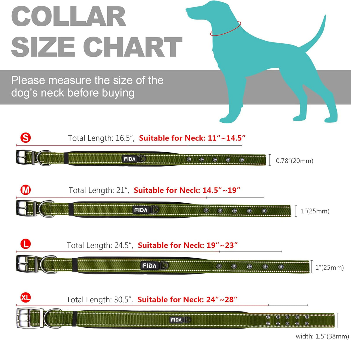 Fida Heavy Duty Dog Collar, Ultra Comfortable Soft Neoprene Padded, Adjustable Reflective Nylon Pet Collar with Durable Metal Belt Buckle for Small Breeds (S, Green)