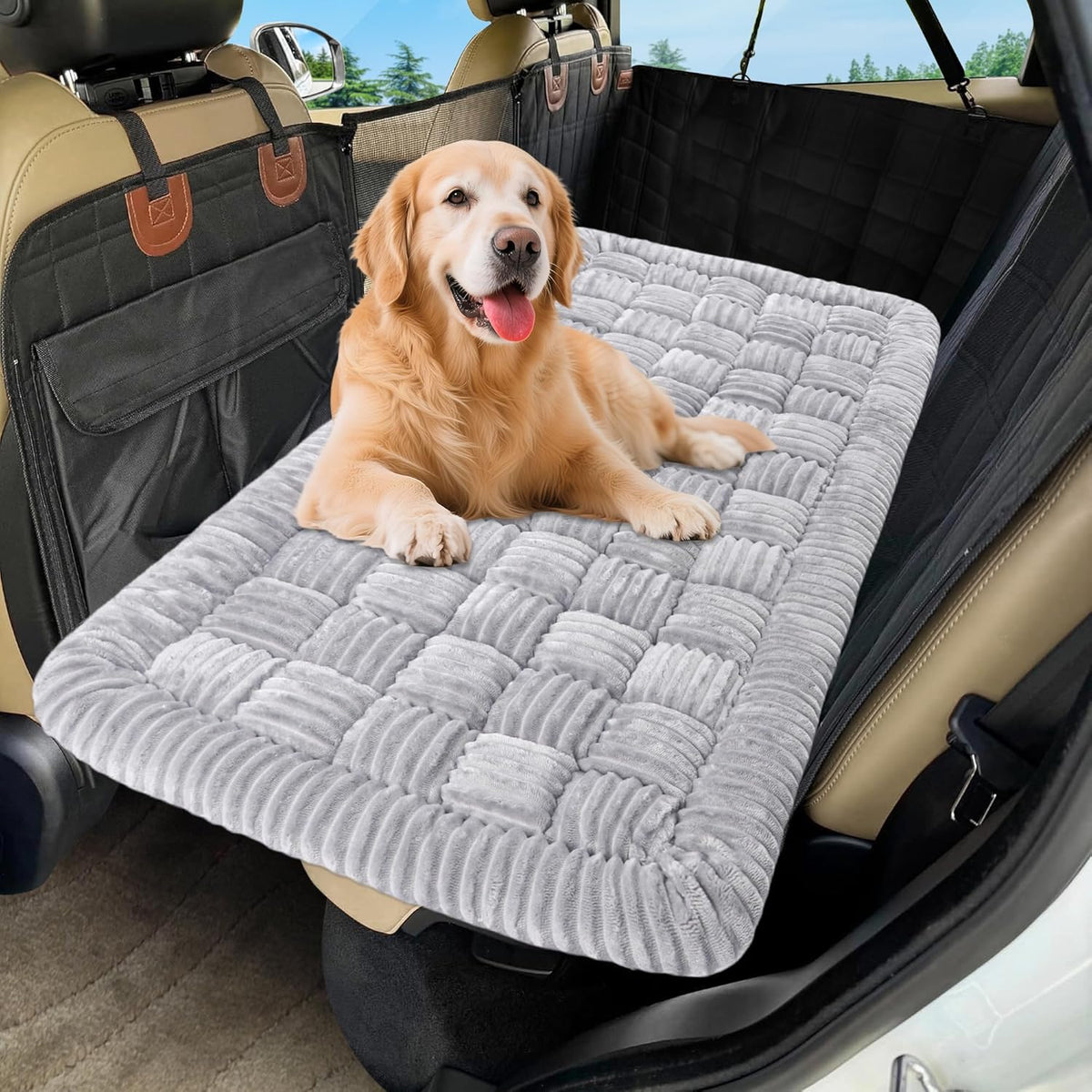 Dog Car Bed Mat, Non-Slip Backseat Extender Pet Blanket, Plaid Dog Bed for Trucks, Sedans & Large SUVs, Chew-Resistant Travel Pad for Dogs, Easy Clean & Scratch-Proof & Comfort（56"x28.7" Light Gray