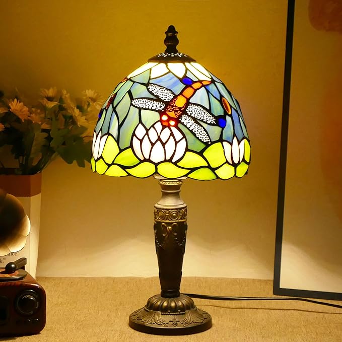 Tiffany Lamp Stained Glass Table Lamp 7.9X7.9X14.2 Inches Dragonfly and Lotus Style Desk Reading Light