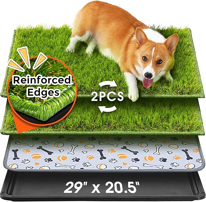 Hompet Dog Grass Pad with Tray Large, 29"x20.5", 2 Reusable Artificial Turf for Dogs Potty, Waterproof Non-Slip Washable Pee Pads, Quickly Absorbency Portable Dog Litter Box for Indoor/Outdoor Use