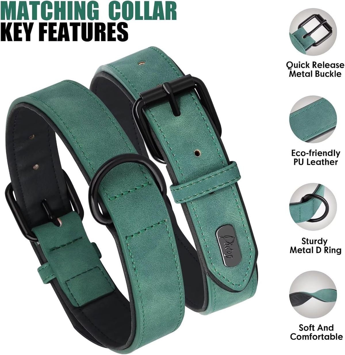 Didog Soft Padded Leather Dog Collar and Leash Set, Adjustable Dog Lead and Collar Set with Metal Buckle, Breathable Pet Collars with 4FT PU Leather Leash for Small Medium Dogs, Green, M