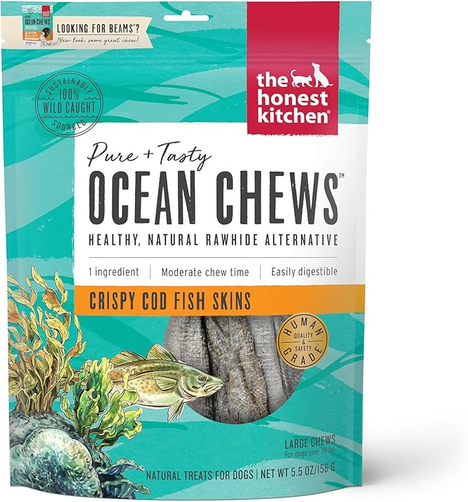 The Honest Kitchen Human Grade Ocean Chews Crispy Cod Fish Skins Dog Treats, 5.5 Ounces