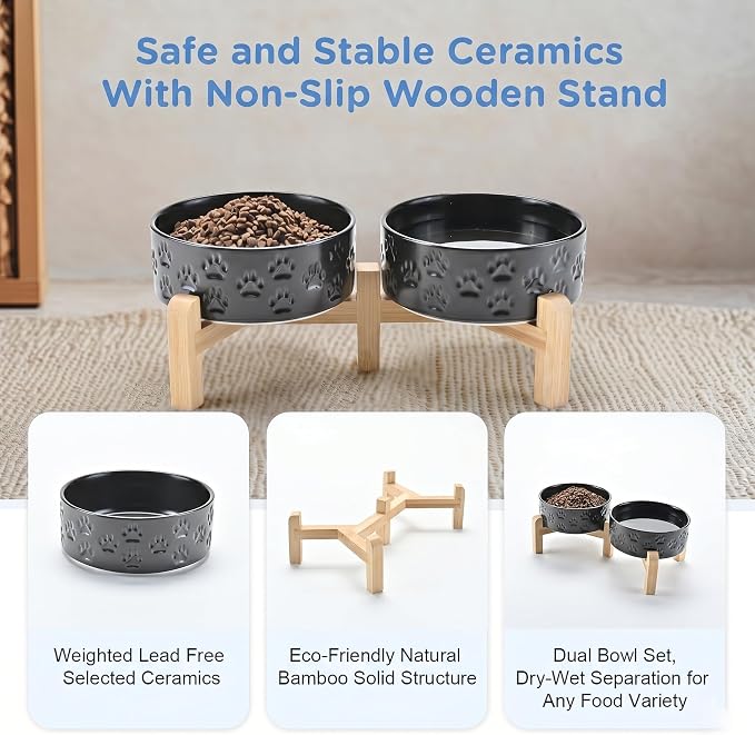 SPUNKYJUNKY Elevated Dog Bowls Ceramic, 5.1'' Dogs and Cat Food Water Bowls Raised with Non-Slip Bamboo Stand for Puppy Small Sized Breed Microwave Dishwasher Safe - 13.5 OZ,Paw Black