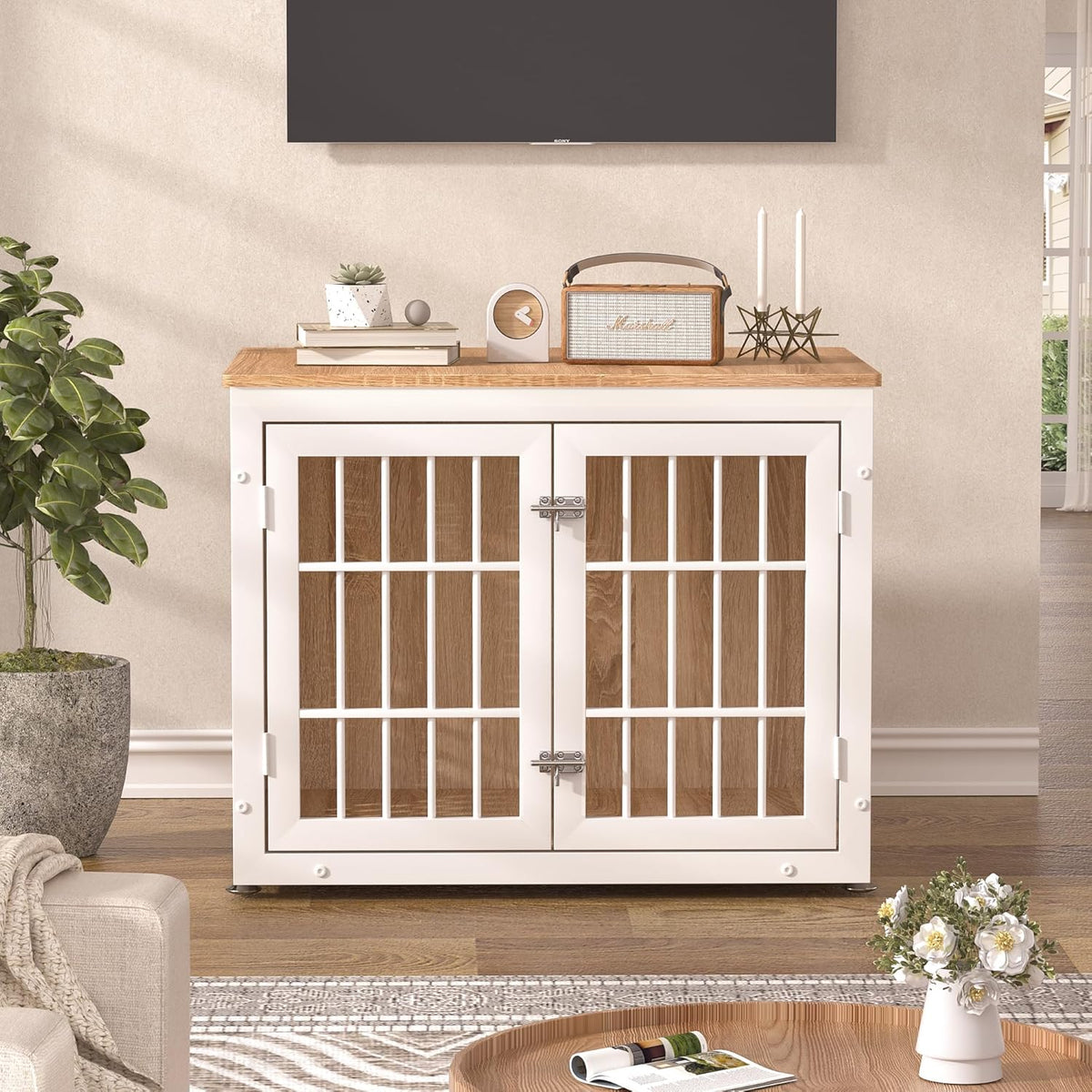 32" Heavy Duty Dog Crate Furniture for Small and Medium Dogs, Metal Kennel for High Anxiety Dogs, Chew Proof Pet Cage Indoor, Decorative Dog Kennel End Table, White