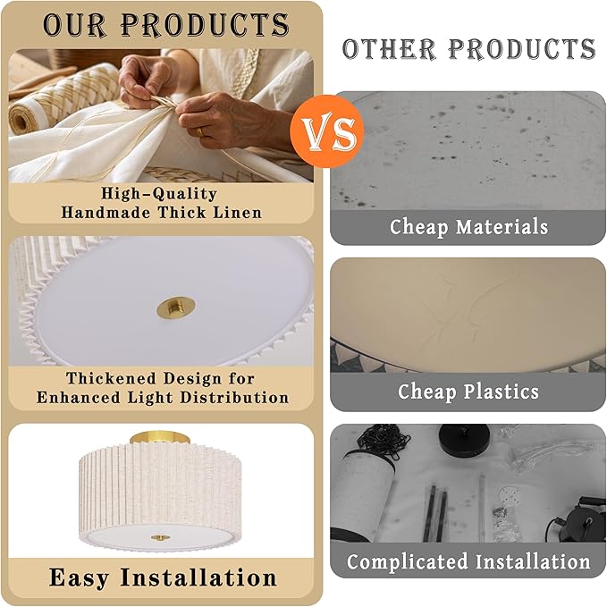 2 Light Semi Flush Mount Ceiling Light Fixture 12.6 Inch Modern Gold Drum Ceiling Light Fixture with Pleated Fabric Shade Dimmable Close to Ceiling Light for Living Room Hallway Bedroom Entryway