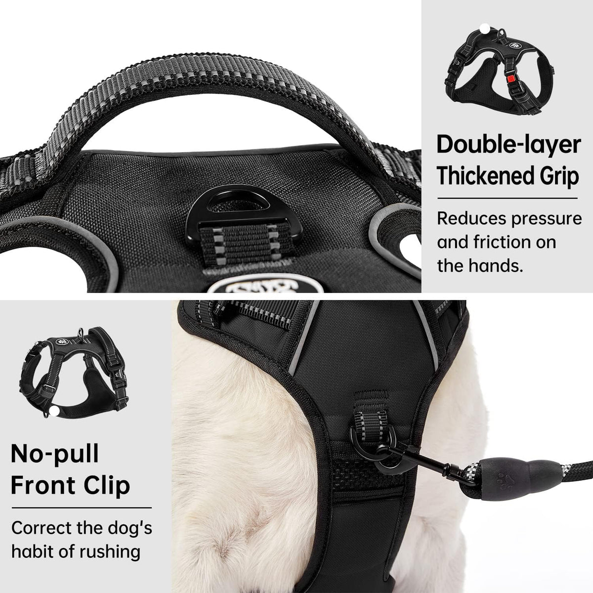 IVY&LANE No Pull Dog Harness for Medium Dogs, Dog Vest Harness with Leash, Safety Belt and Storage Strap, Fully Adjustable Harness, 360° Reflective Strip, Soft Handle (Black, M)