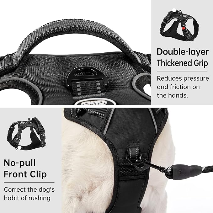 IVY&LANE No Pull Dog Harness for Small Dogs, Dog Vest Harness with Leash, Safety Belt and Storage Strap, Fully Adjustable Harness, 360° Reflective Strip, Soft Handle (Black, S)