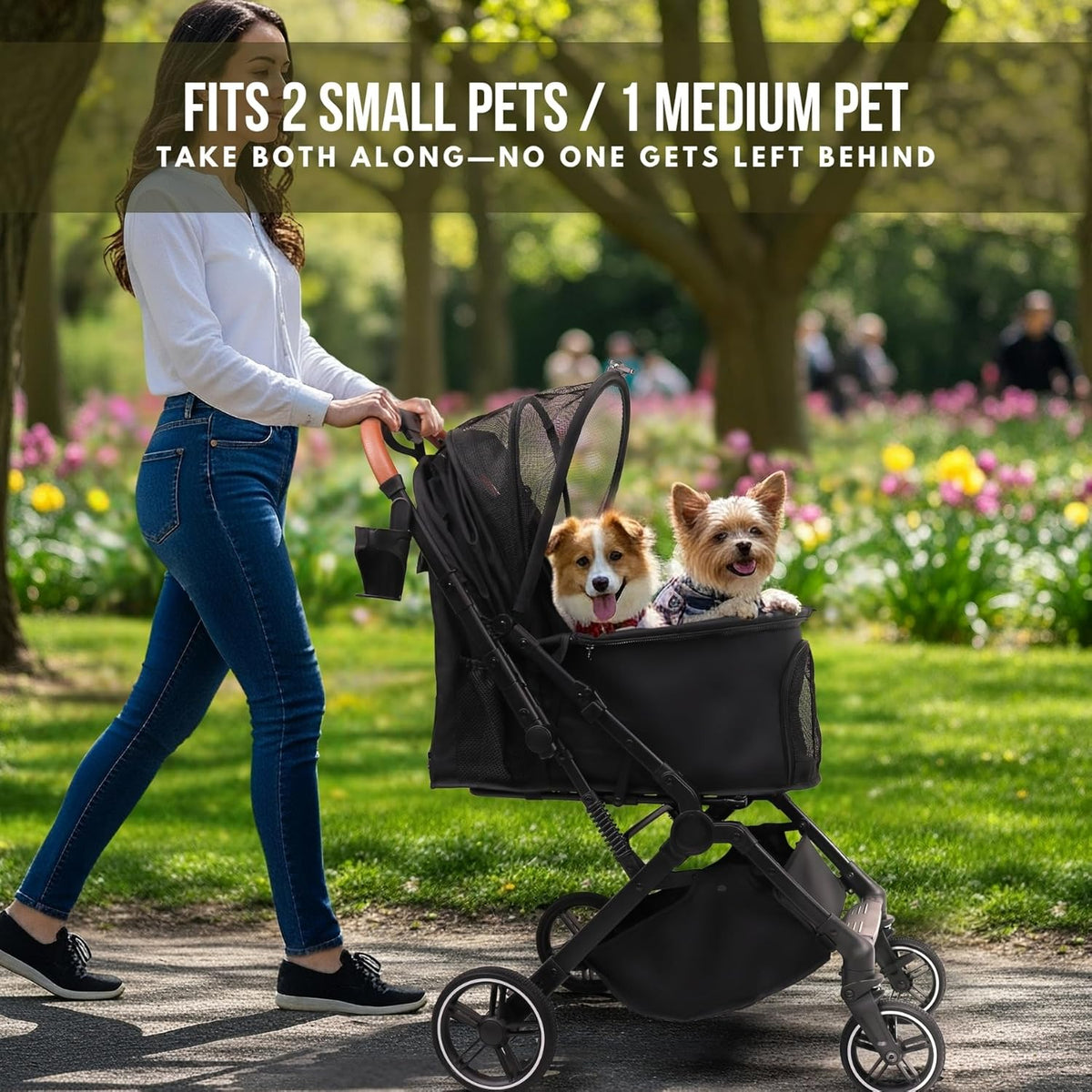 Pet Stroller for Small Medium Dogs Cats Up to 45 lbs, Travel Lite Collapsible, All Terrain 4 Wheels for Jogging, Running, Black