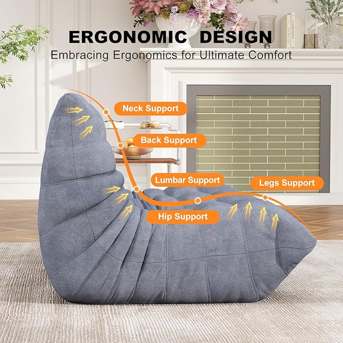 Full Foam Loveseat Sofa,Adults Bean Bag Chairs Floor Couch with Soft Waterproof Fabric,Armless Fireside Lounge Chair for Living Room,Apartment and Office (Grey)