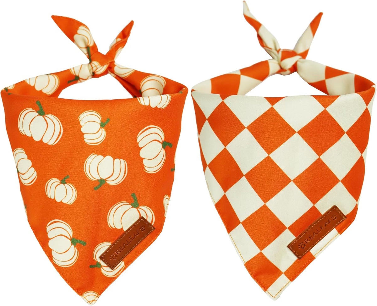 Realeaf Thanksgiving Fall Dog Bandanas 2 Pack, Orange Plaid Pumpkin Pet Scarf for Boy and Girl, Premium Durable Fabric, Holiday Halloween Bandana for Medium and Large Dogs(Fall, Large)