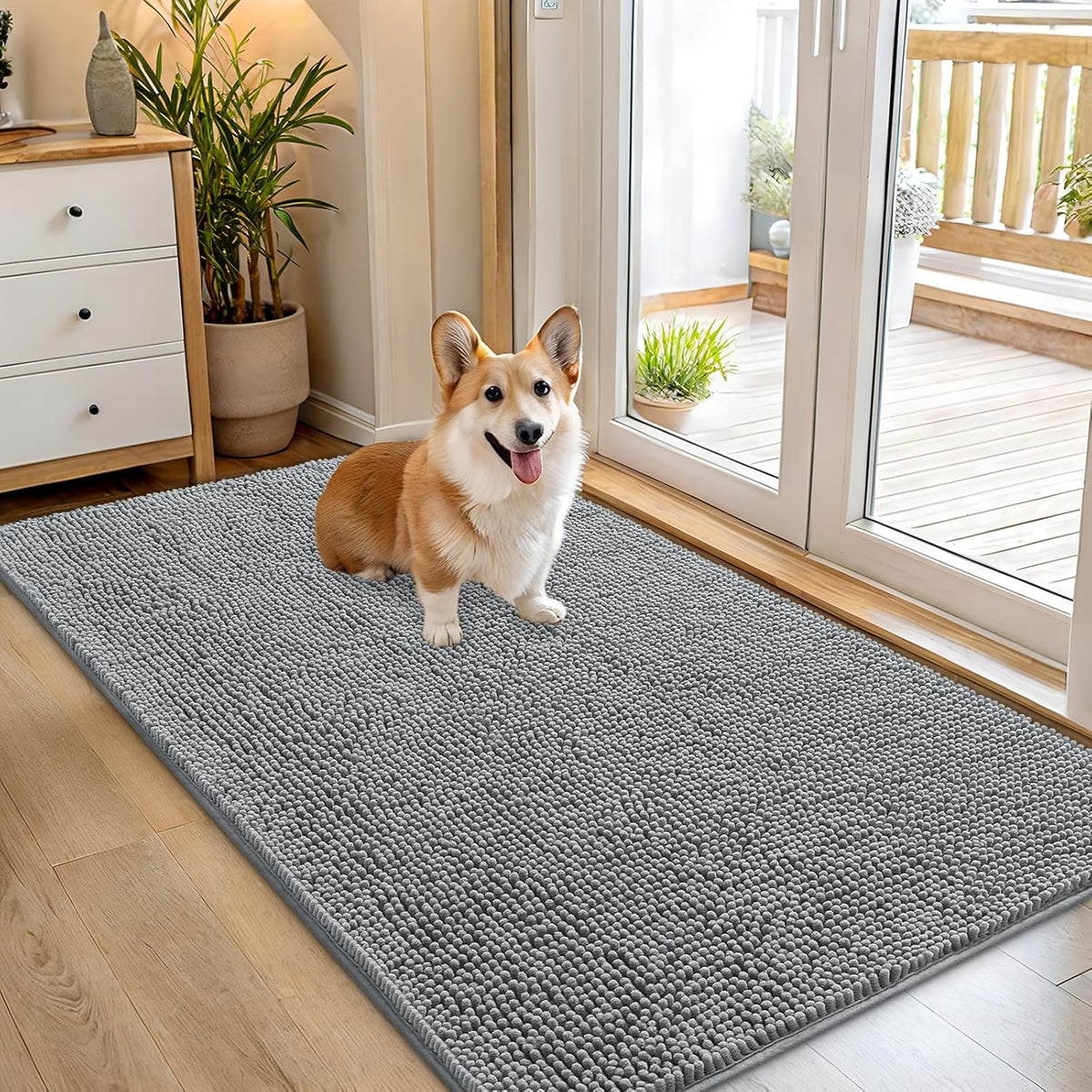 OLANLY Dog Door Mat for Muddy Paws 54x32, Absorbs Moisture and Dirt, Absorbent Non-Slip Washable Doormat, Quick Dry Chenille Mud Mat for Dogs, Entry Indoor Entryway Carpet for Inside Floor, Grey