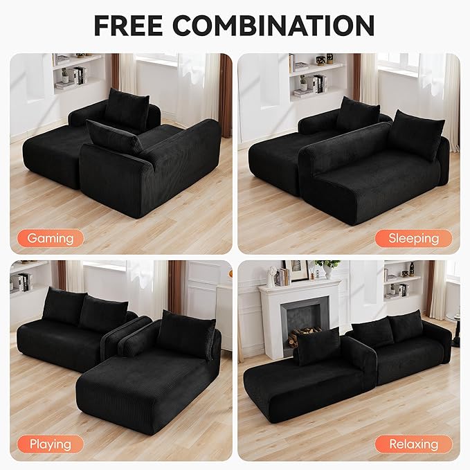 103'' Boneless Corduroy L Shaped Couch, 3 Seat Modular Sectional Deep Seat Sofa with Chaise Lounge, No Assembly Cloud Lounge Sleeper Sofa, Black