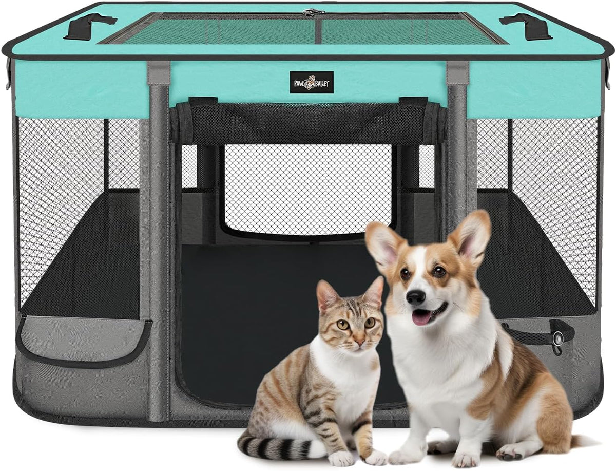Foldable Pet Kitten Playpen, Waterproof Portable Pet Cat Dog Playpen Kennel Tent for Small Dog Cat, Removable Shade Cover, Come with Free Carrying Case, Indoor Outdoor Use for Small Animals, BlackTeal
