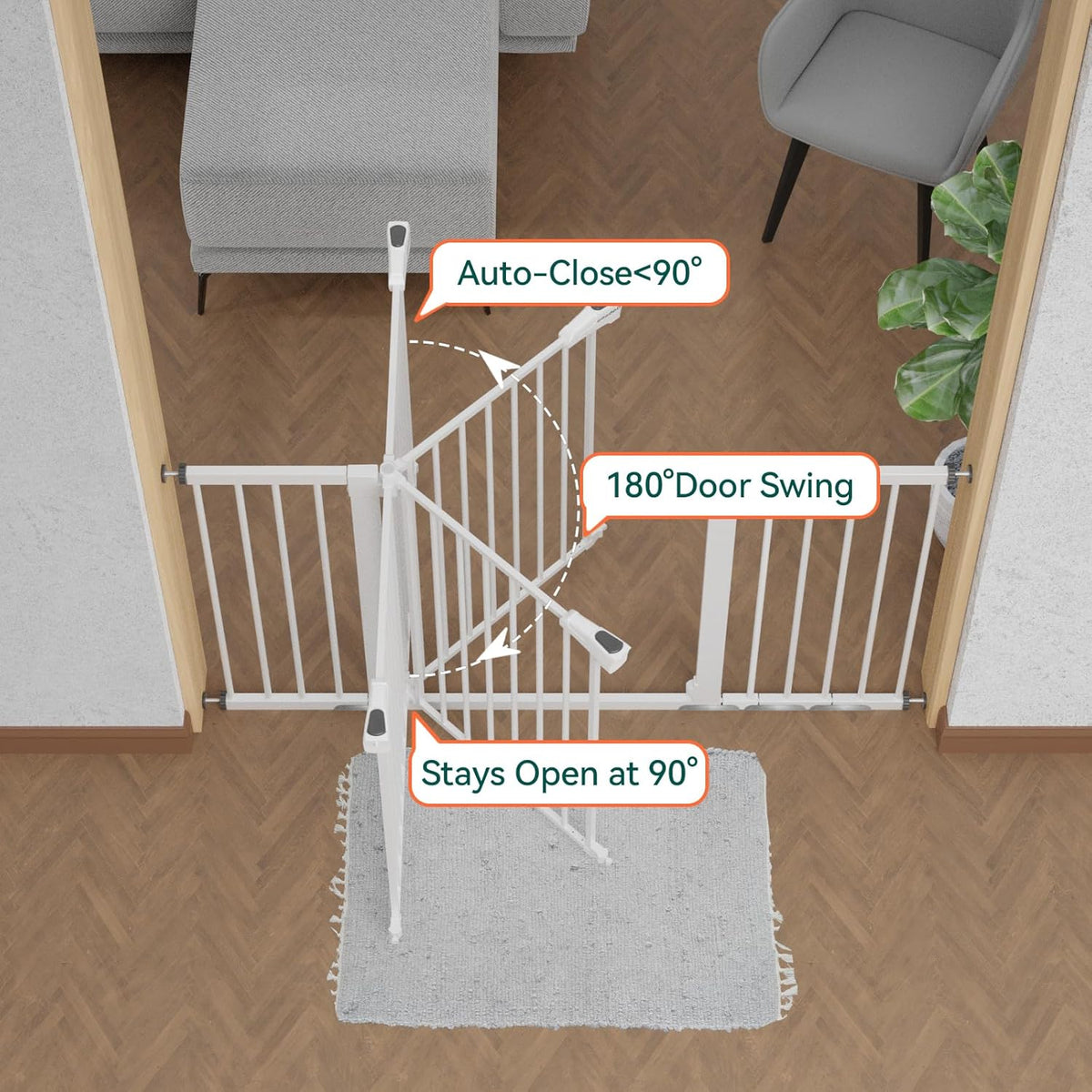 BABELIO 36" Tall Baby Gate, 29-55" Auto Close Pressure Mounted Dog Gate for Doorways & Hallway, Pressguard Basics Easy Walk Thru Pet Gate, Extra Wide Metal Child Gate, White