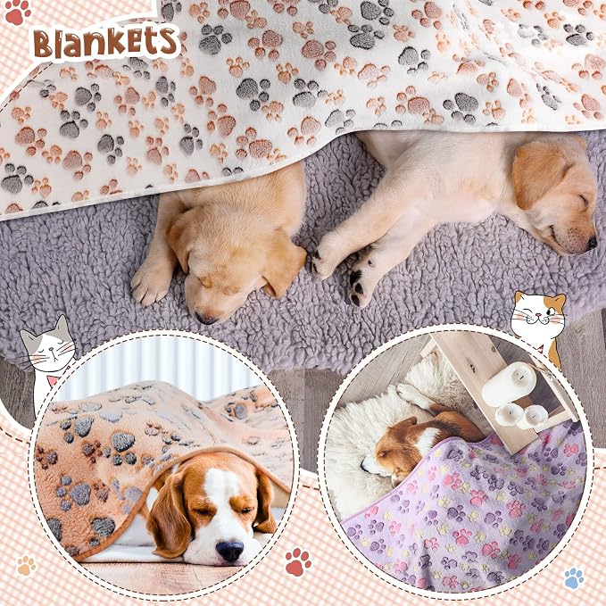 Tatuo 4 Pack Fleece Dog Blankets for Puppy Cats Multi-Size Sleep Mat for Pet Guinea Pig Soft Washable Warm Crate Bed Puppy Teething Toys Print Pattern Blanket Indoor(Mixed Color,51 x 63 Inch,Paw)