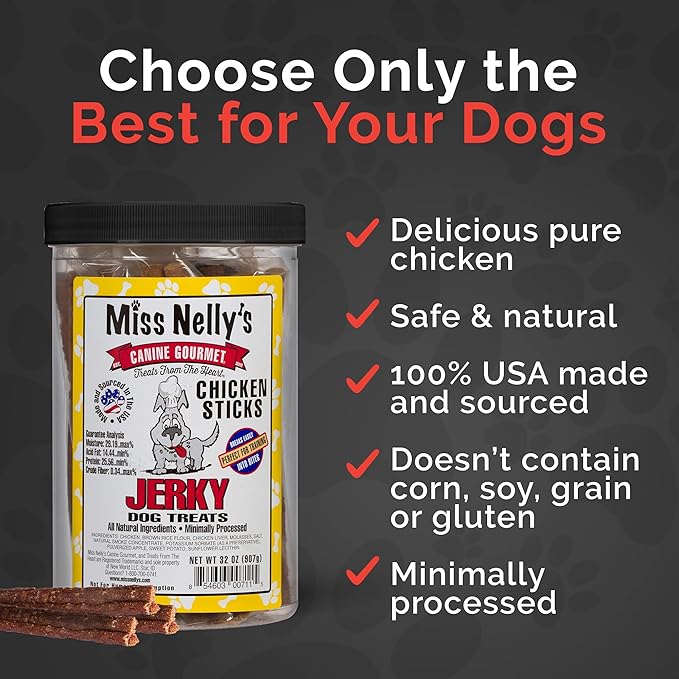 Miss Nelly's - Chicken Jerky Dog Treats - Soft Sticks - USA Made and Sourced - Original Smoke House Recipe - Small Batch Chicken Jerky for Dogs - Minimally Processed - 32 oz. Jar