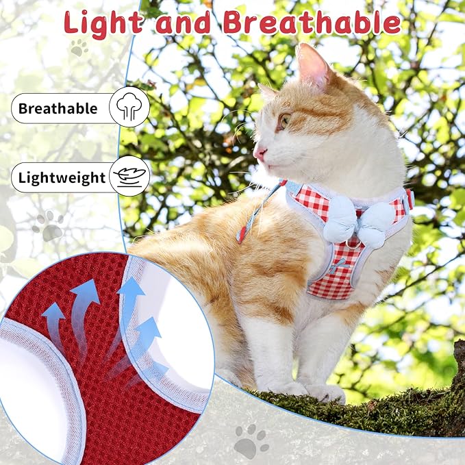 Cat Vest Harness and Leash Set for Walking Escape Proof, Adjustable Kitten Harness and Leash Set Breathable Mesh with Bow Harness for Kitty Puppy Bunny(Red Small)