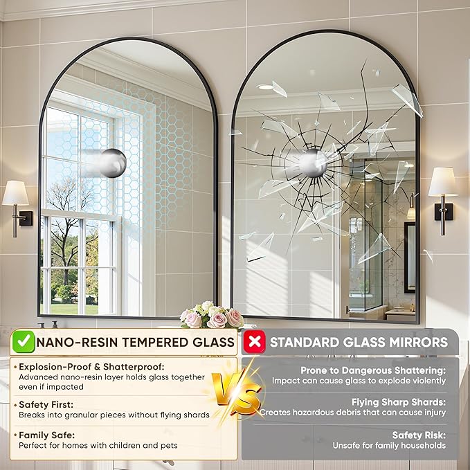 Arched Mirror 24"x36", Bathroom Mirror, Wall Mounted Vanity Mirror