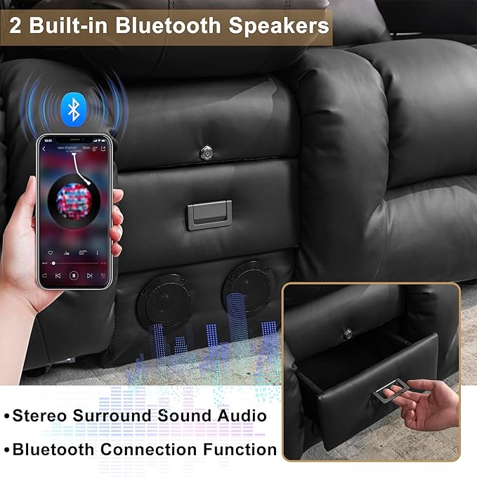 URRED Loveseat Recliner Sofa with Massage and Heat, Power Reclining Loveseat Sofa RV Couch with Console and Middle Seat, 3-Seater Home Theater Seating with LED Lights, Faux Leather, Black