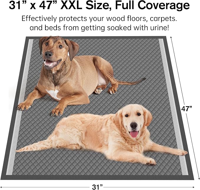 31"x47" Activated Charcoal Dog Pee Pads - 32 Count,Extra Large，Super Absorbent, Leakproof, Long-Lasting Odor Control, Ideal for Large Dogs and Potty Training Puppies