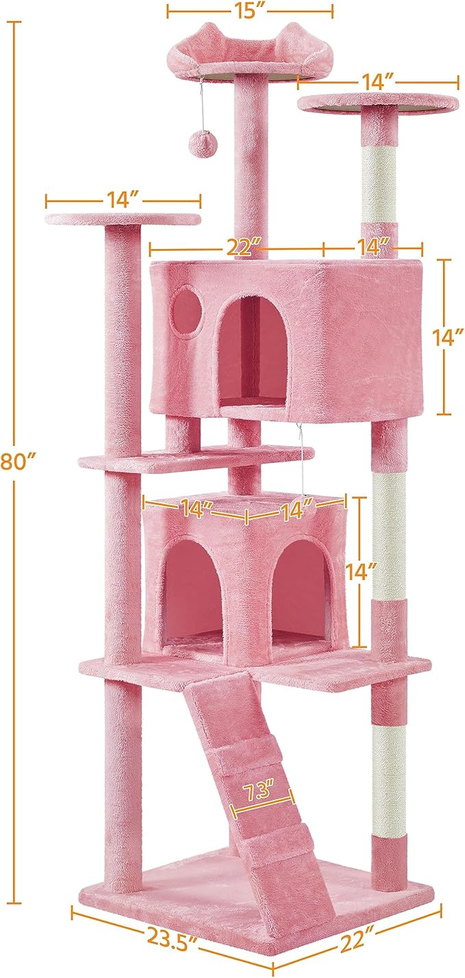 Yaheetech XL Cat Tree, 80in Multi-Level Cat Tower w/Scratching Posts, Double Condo, Perched Platforms and Dangling Balls, Pet Activity Center for Kittens Pets, Pink