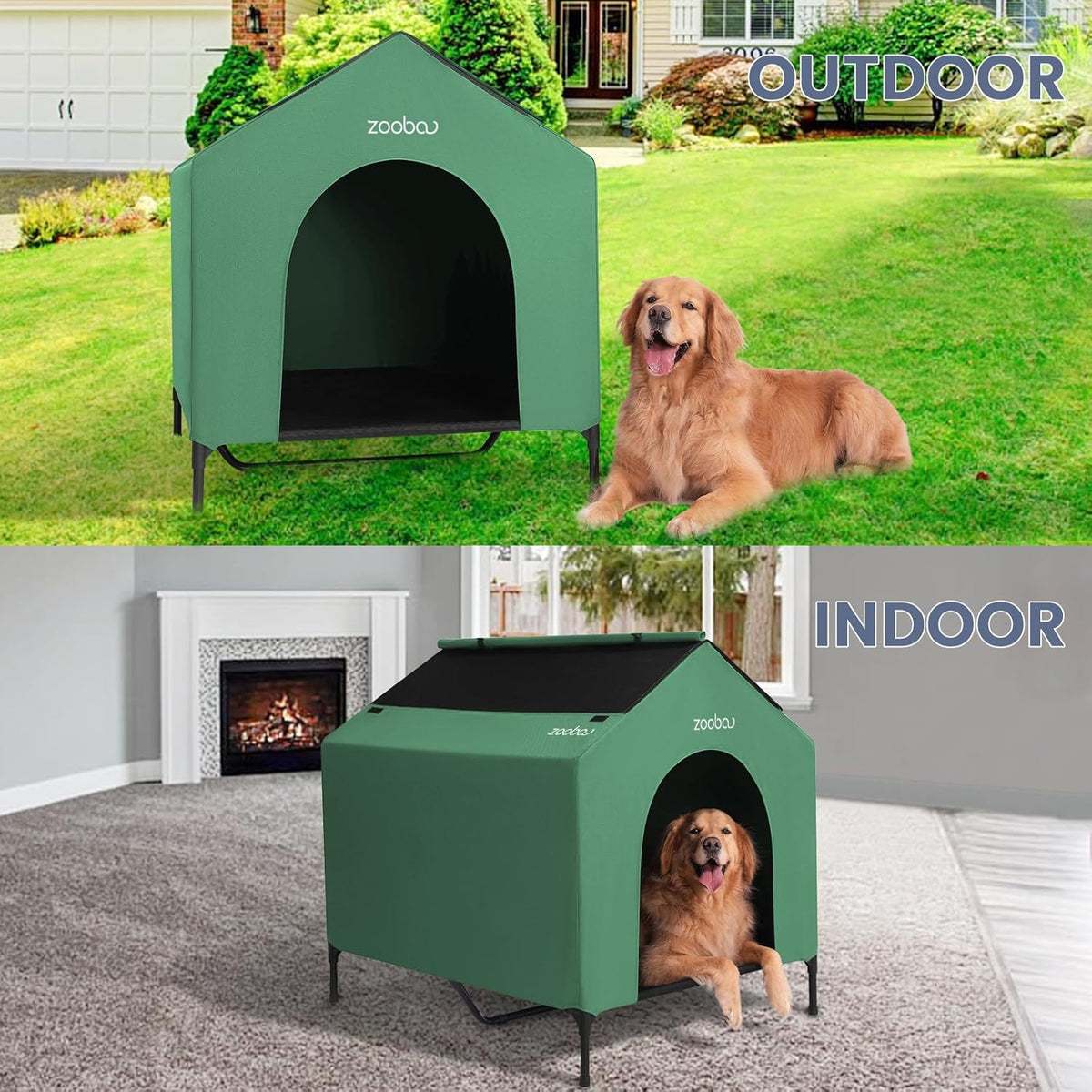 42" 2-in-1 Dog House for Medium Dogs, Elevted Dog House Outdoor/Indoor, Puppy Shelter Outside,Water Resistant 600D PVC and Durable 2x1 Textilene Raised Dog Bed(Green)