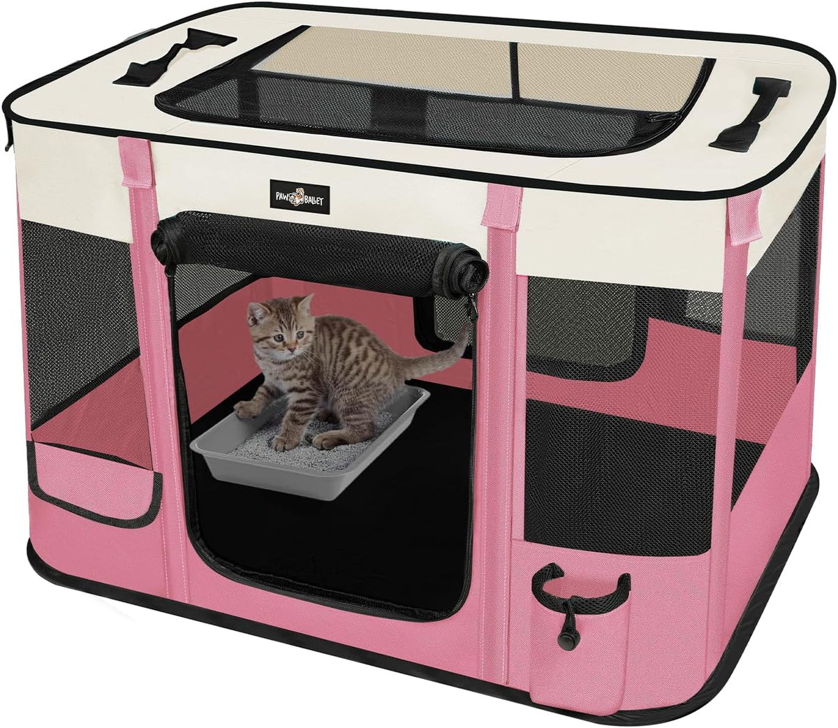 Foldable Pet Kitten Playpen, Upgrade Waterproof Portable Cat Dog Playpen Kennel Tent for Dog Cat, Removable Shade Cover with Free Carrying Case, Indoor Outdoor Use for Small Pet, Pink