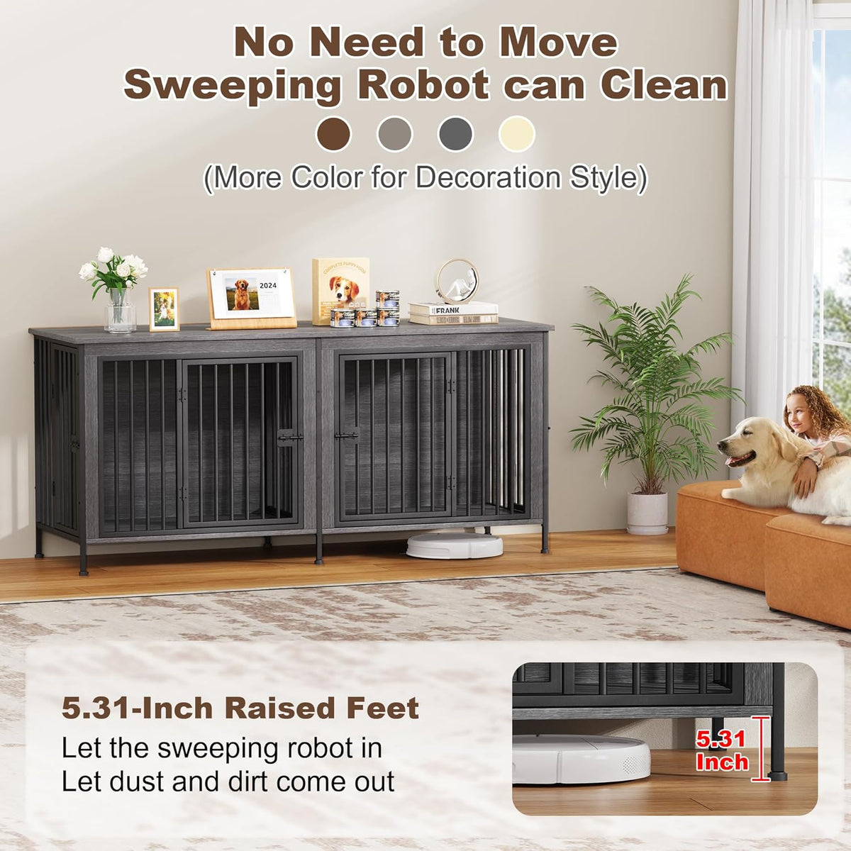 EasyCom 78 Inch Dog Cage Furniture for 2 Pets with Divider, XXL Wooden Double Dog Crate Furniture TV Stand for Mideum and Large Breed, Durable and Sturdy