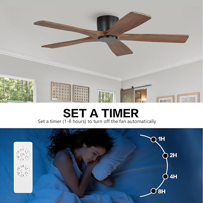 WINGBO 54" Flush Mount DC Ceiling Fans without Lights, 5 Carved Solid Wood