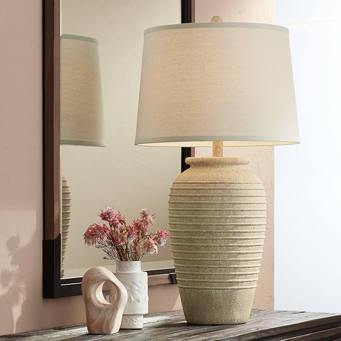John Timberland Austin Country Cottage Southwest Style Jug-Shaped Table Lamp 28" Tall Sand Tone Desert Ridged Cream Linen Drum Shade for Living Room Bedroom House Bedside Nightstand Home Office