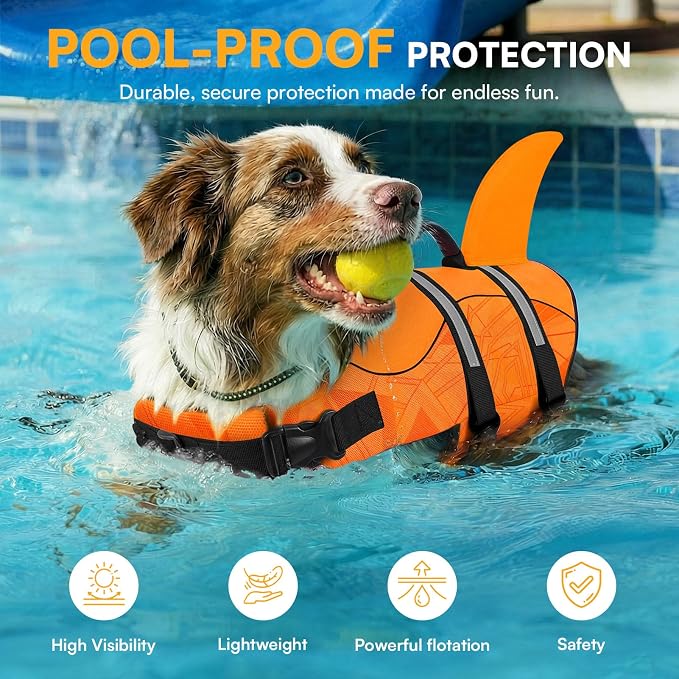 Dog Life Jacket High Flotation, Reflective Dog Life Vest for Swimming, Adjustable Dogs Life Preserver Rescue Handle Spring Summer Pool for Small, Medium, Large Dogs (OrangeLines,M)