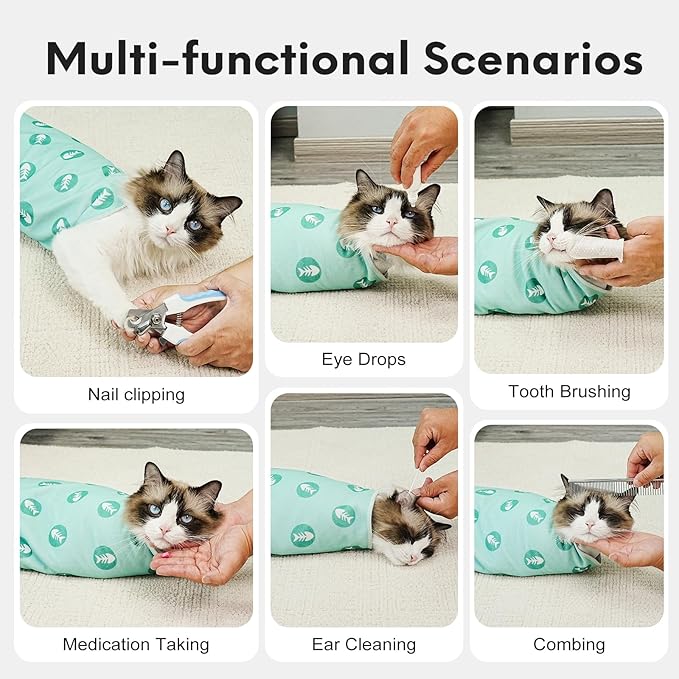 Cat Wrap for Cutting Nails, Self-Adhesive for Grooming, Anti-Scratch Cat Swaddle Wrap for Medicine, Nail Clipping, Teeth Brushing, Ear Cleaning