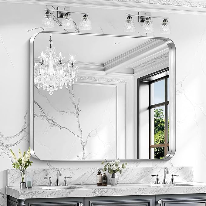 CIRCUMI Silver Bathroom Mirror, Rounded Corner, Tempered Glass, Large Mirror