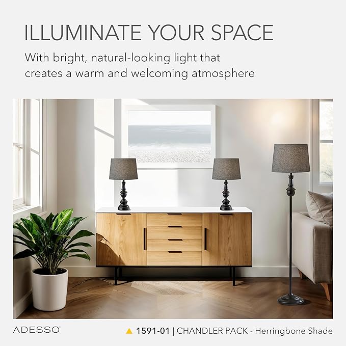 Adesso 3-Piece Lamp Set: Two Table Lamps & One Floor Lamp – Bronze Finished Base, Dark Herringbone Shade, Stylish and Cohesive Lighting for Any Space