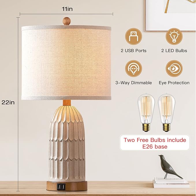 Boho Table Lamps Set of 2, Farmhouse 3-Way Dimmable Touch Nightstand Lamp with 2 USB Charging Ports, White Vintage Bedside Lamp for Bedroom Living Room End Table (Bulbs Included)