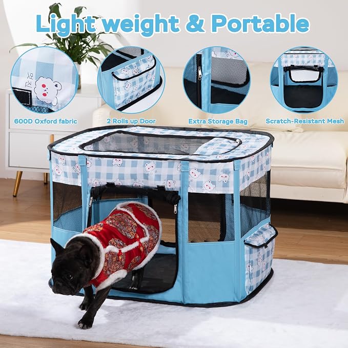 XRG Foldable Pet Playpen,Indoor Cat cage Puppy Crates M(31.5"x23.6"x21.7") | Portable Cat Kennel with Upgrade Breathable Mesh，Sturdy Kitten Playpen Indoor & Outdoor for Rabbit or Small Animals，Bule