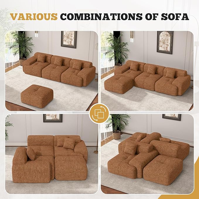 158" Modern U Shaped Modular Sectional Sofa, Boneless Couches for Living Room with Ottoman,6 Seater Convertible Chenille Cloud Couch Sofa Set, No Assembly Required, Orange 1 PCS