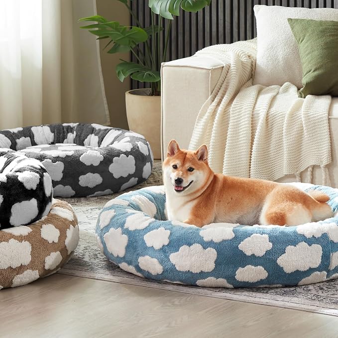 JOEJOY Jacquard Donut Round Dog Beds Large Sized Dog, Brown 36x36x8in, Removable Washable Cover, Cute Pattern, Ultra Soft Fluffy Calming Pet Bed with Thick Supportive Bolster