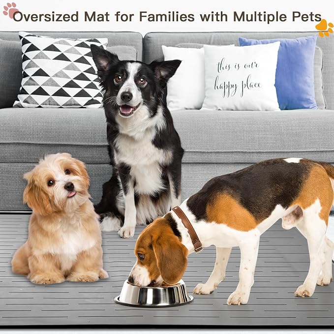Largest Dog Food Mat, 39.5"x29.5" Silicone Dog and Cat Mat for Food and Water Bowls, Thinken Waterproof Non-Slip XXXL Pet Feeding Mat for Floors, Black