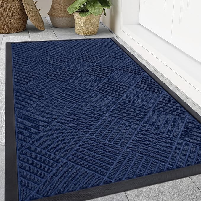 Smiry Front Door Mat Outside Entrance, Heavy Duty Outdoor Indoor Natural Rubber Doormat, Non Slip, Trap Dirt and Moisture, Easy Clean, Low Profile Patio Porch Entryway Mat, 59x35, Navy Blue