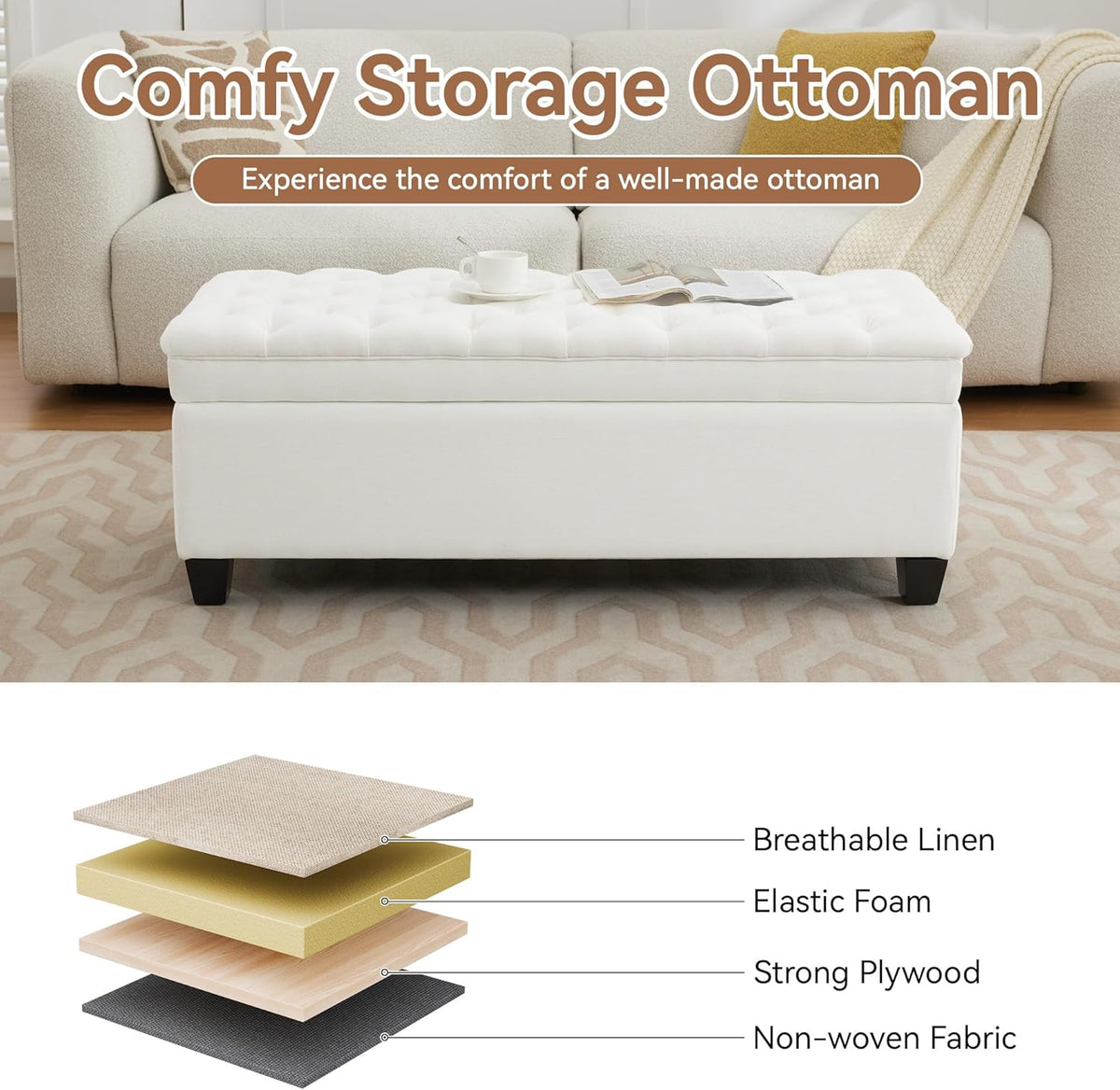 51" Fabric Storage Ottoman Bench, Upholstered Rectangle End of Bed Storage Ottoman Tufted Living Room Bedroom Bench with Safety Hinge, Solid Wood Legs, Loads 500 lb(Beige)