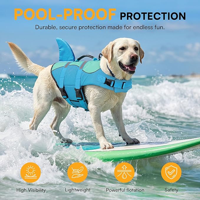 Shark Dog Life Jacket, Dog Life Vests for Boating, High Buoyant Pet Life Vest for Swimming, Adjustable Easy On Cat Life Jackets for Small, Medium, Large Dogs (Pool Blue,XL)