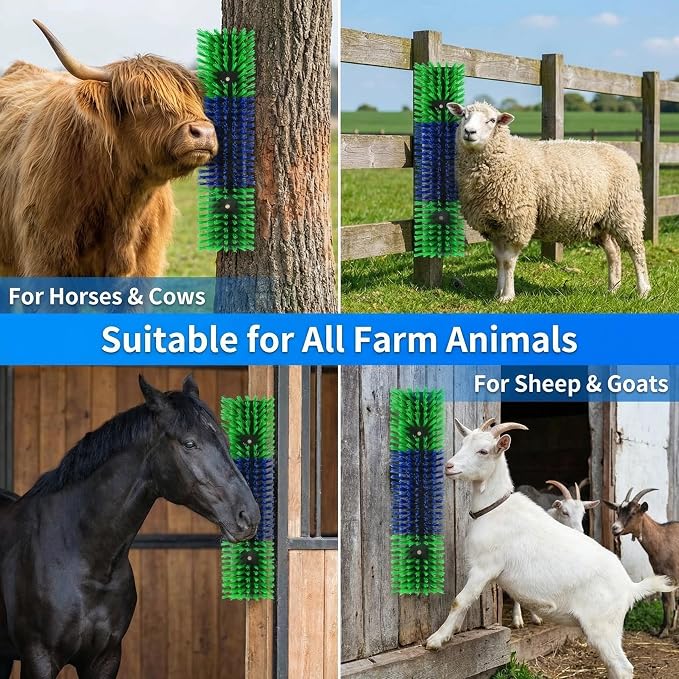 Livestock Scratching Brush 4 Pack, Itch Relief Goat Scratching Post | Wear-Resistant Nylon Bristles, 16 Heavy-Duty Screws, Horse & Goat Scratching Post for Large Herds, Cows, Goats, Sheep, Pigs