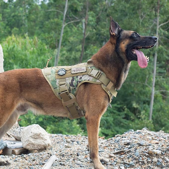 OneTigris Tactical Dog Harness with Handle Adjustable for Medium Large Dogs | Military 1000D Pullable Nylon, No-Pull Service Vest with Hook & Loop Panels, Easy On & Off for Walking Hiking Training Camo M