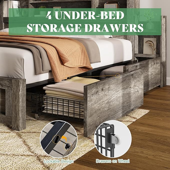 AMERLIFE Queen Bed Frame with 4 Storage Drawers, LED Bed Frame with 49“ Tall Bookcase Headboard, Wood Platform Bed with Charging Station & 2 Slide Bedside Shelf, No Box Spring Needed/Rustic Grey