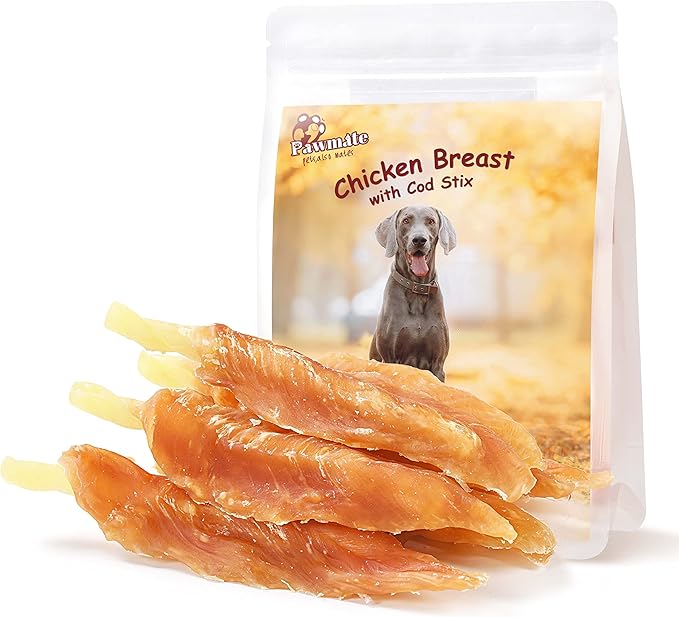 Dog Treats Chicken Tender Wrapped Cod Sticks, Rawhide-Free High Protein Dog Jerky Soft Chews, Healthy Training Snacks for Small Medium Large Dogs, 9-10 Counts, 10.6 oz