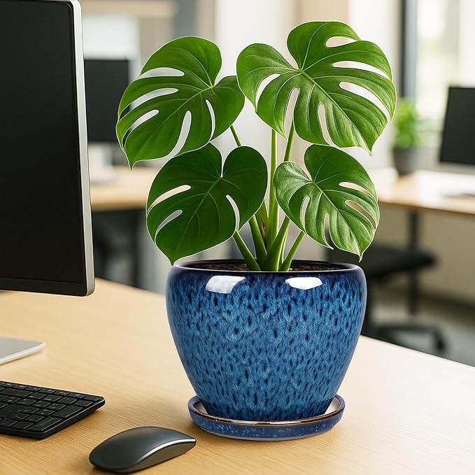 Deep Dream 8 Inch Plant Pots- Ceramic Pots for Plants with Drainage Hole and Saucer, Large Planter Pot for Indoor Plants Outdoor Decor, Blue